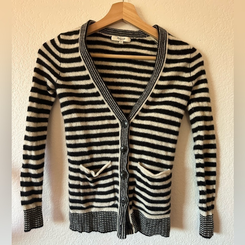Madewell Merino Wool Knitted Striped Cardigan with pockets in black & white - XS